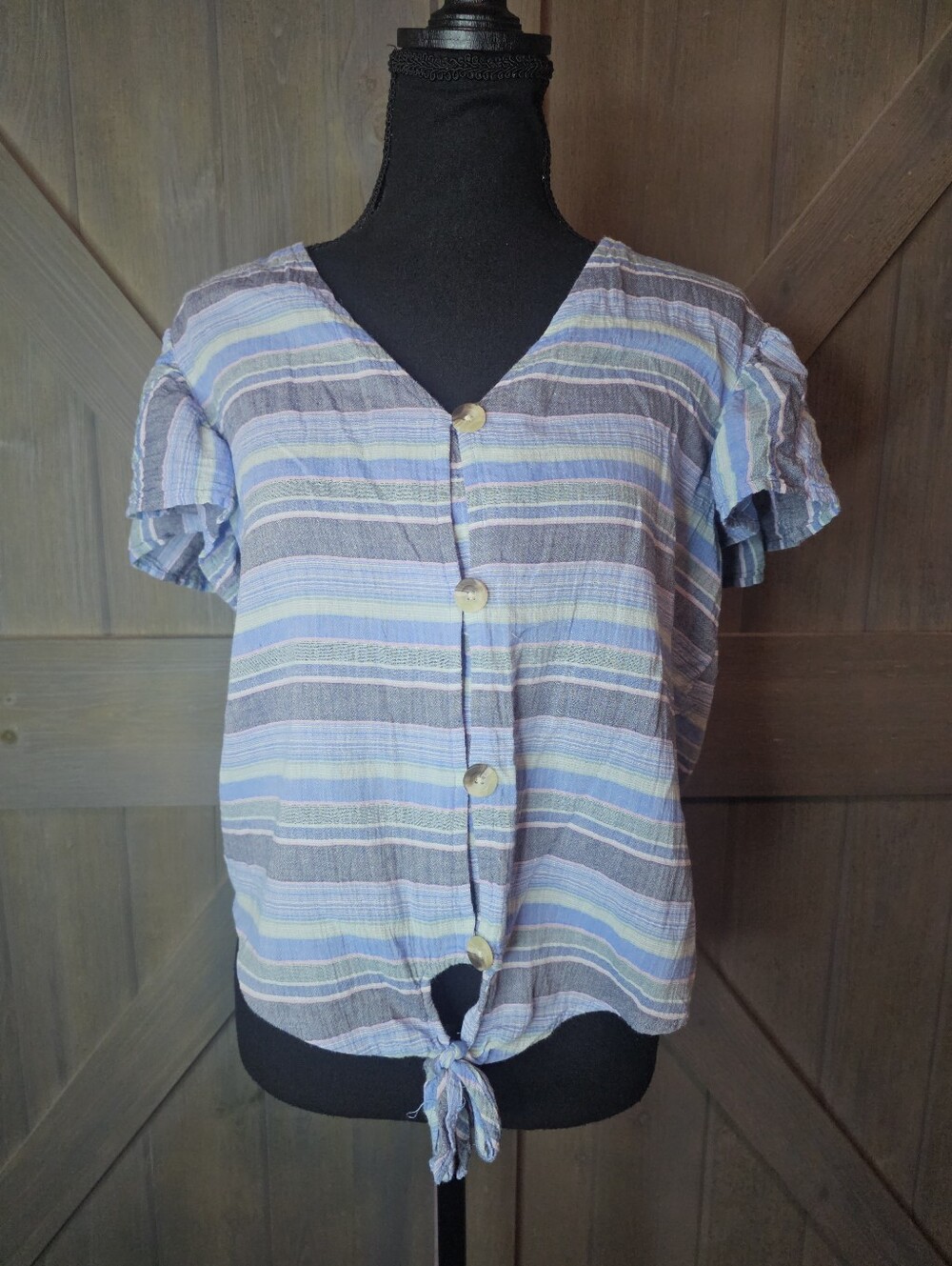 A.N.A A New Approach Striped Button Front Tie Hem Top Size Medium